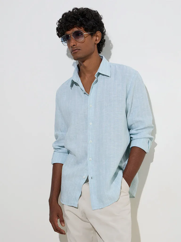 Ascot Light Blue Striped Relaxed-Fit Linen Shirt