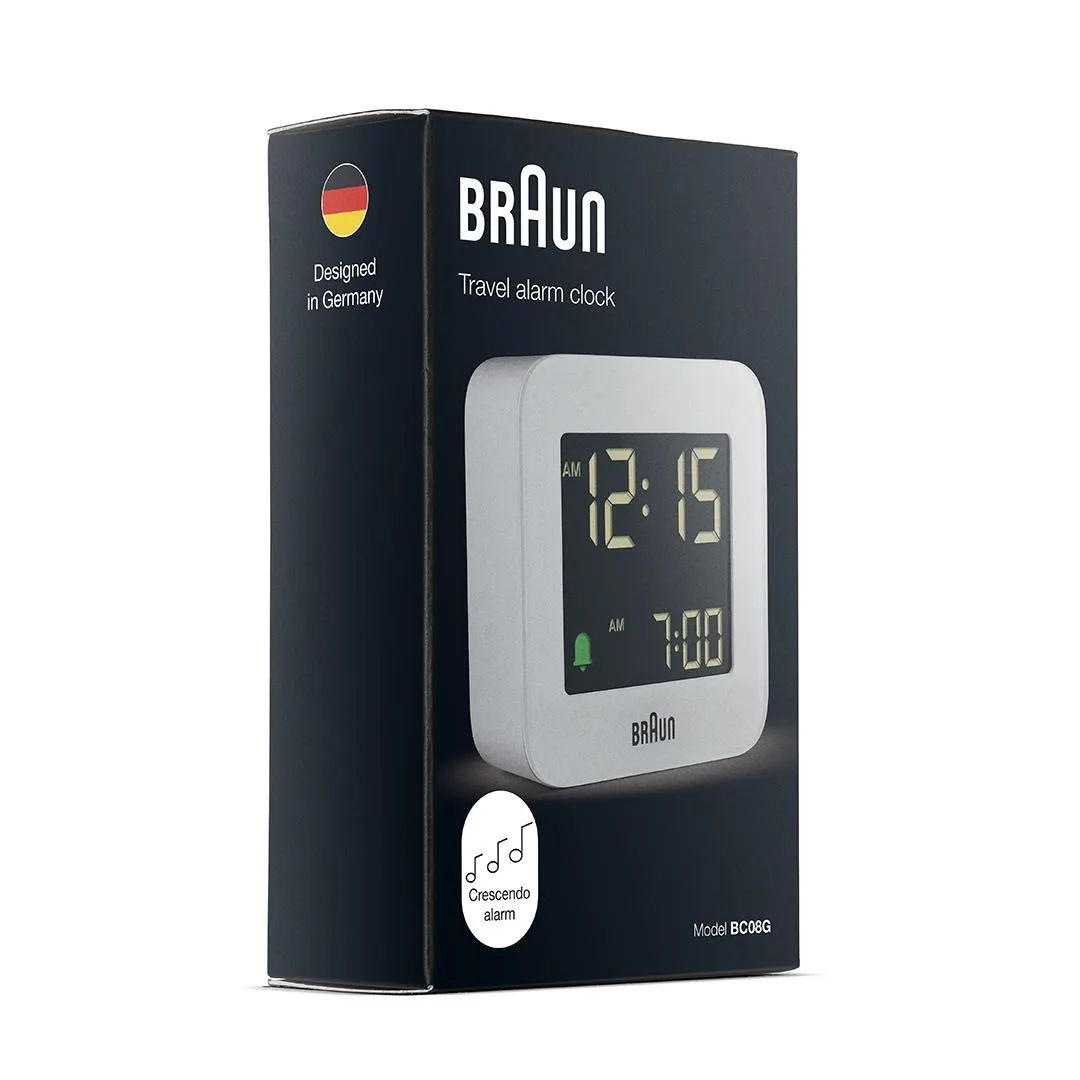 BC08 Braun digital travel alarm clock - grey