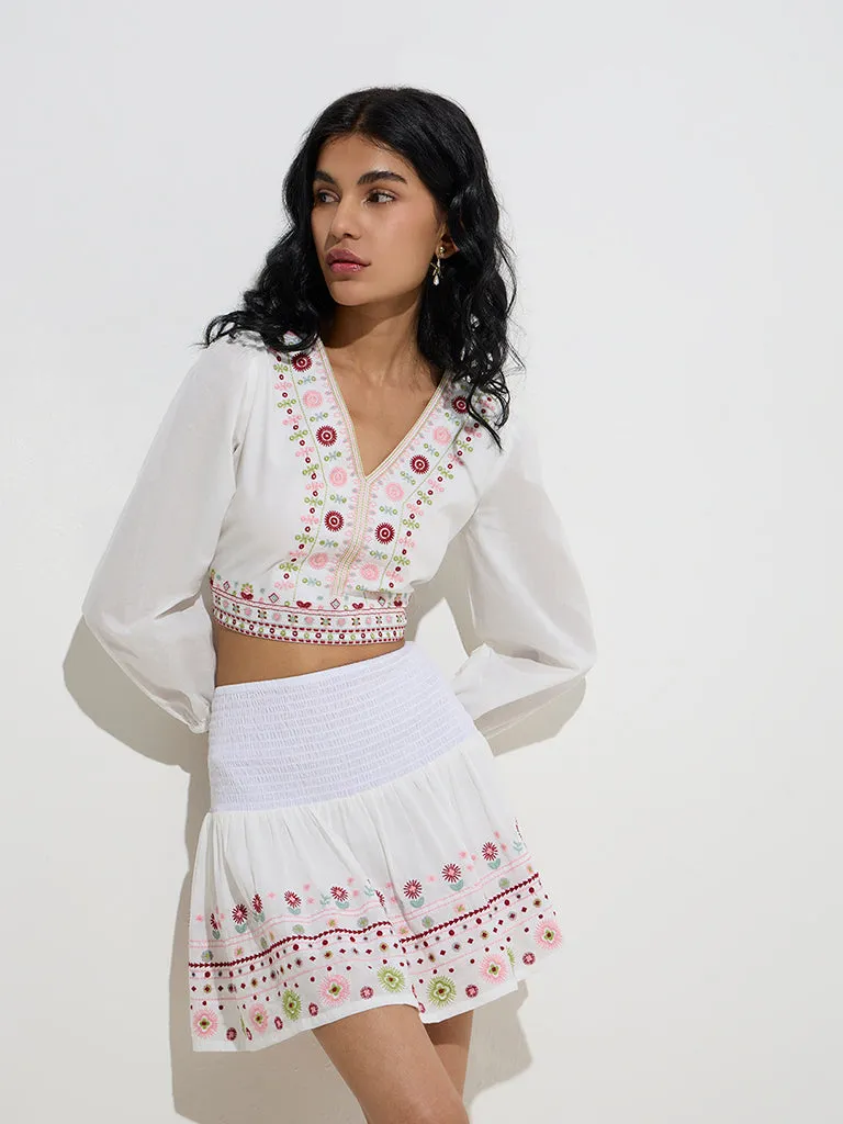 Bombay Paisley White Embroidered Cotton Crop Top