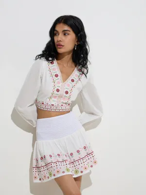 Bombay Paisley White Embroidered Cotton Crop Top