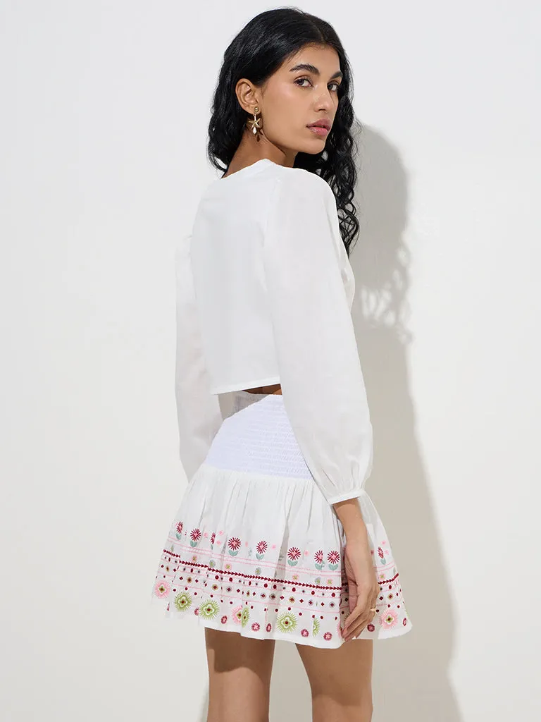 Bombay Paisley White Embroidered Cotton Crop Top