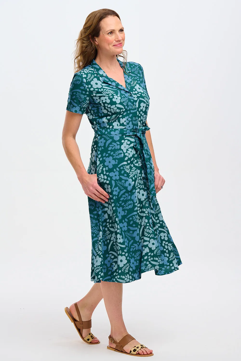 Fiona Batik Midi Shirt Dress - Teal Green. Painted Floral