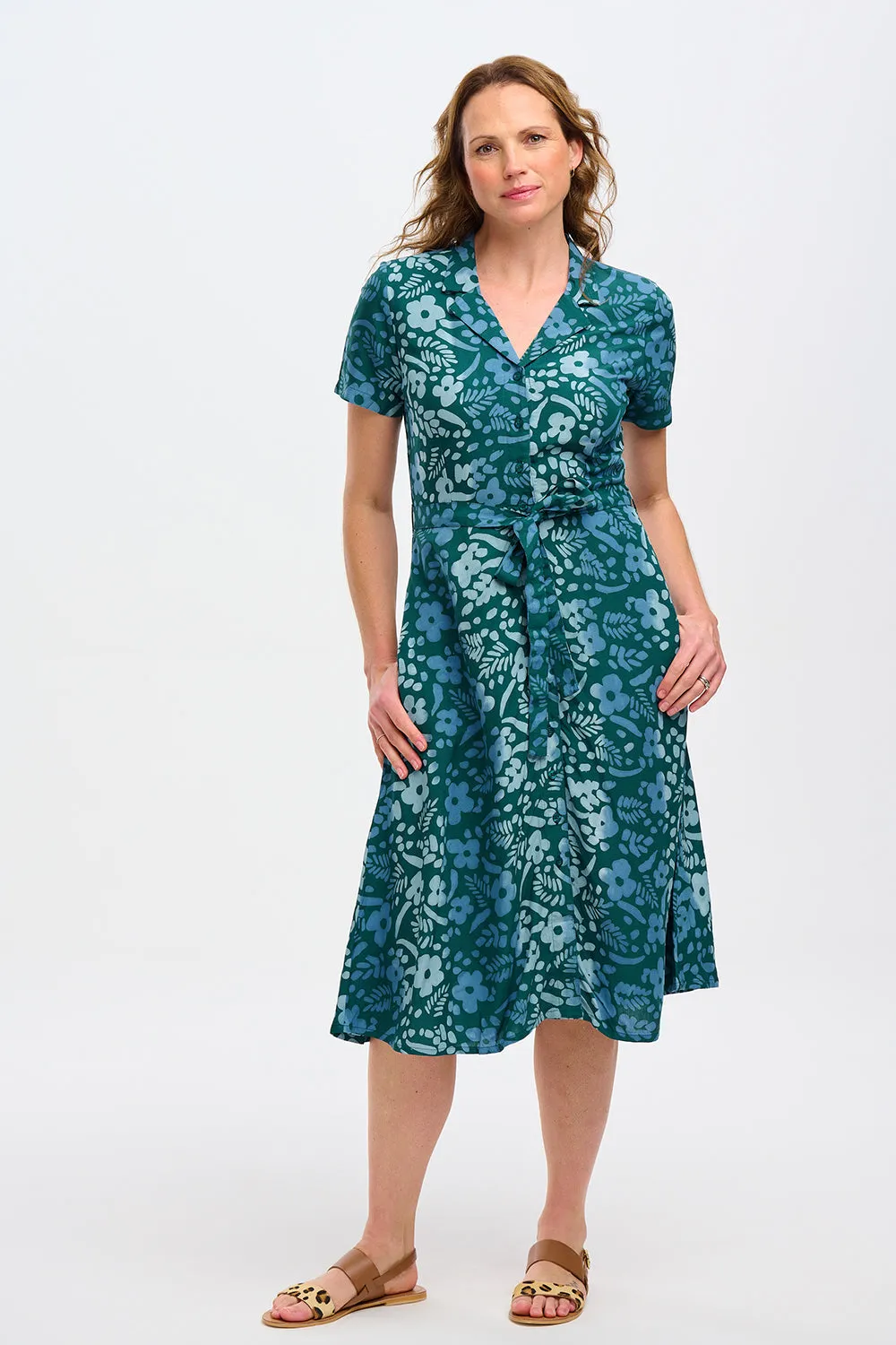 Fiona Batik Midi Shirt Dress - Teal Green. Painted Floral