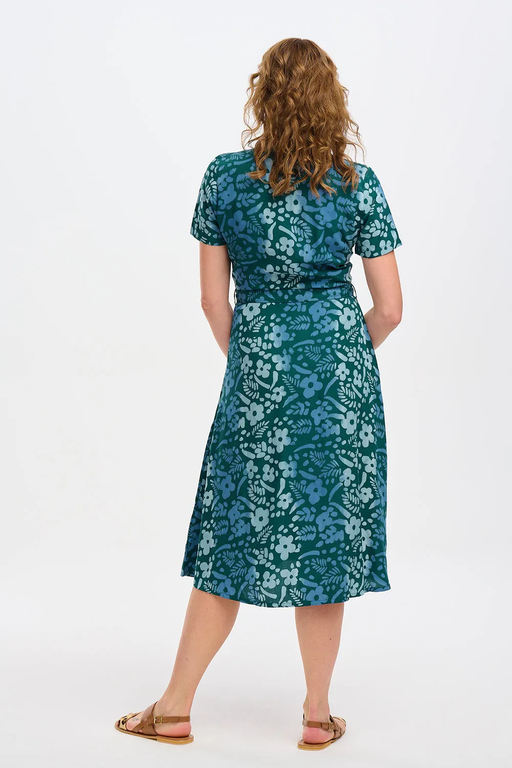 Fiona Batik Midi Shirt Dress - Teal Green. Painted Floral