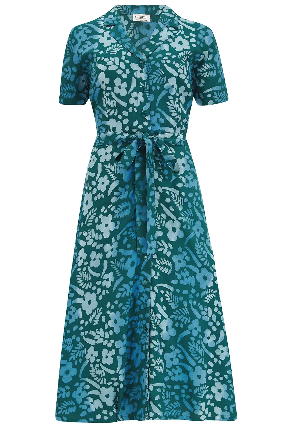 Fiona Batik Midi Shirt Dress - Teal Green. Painted Floral