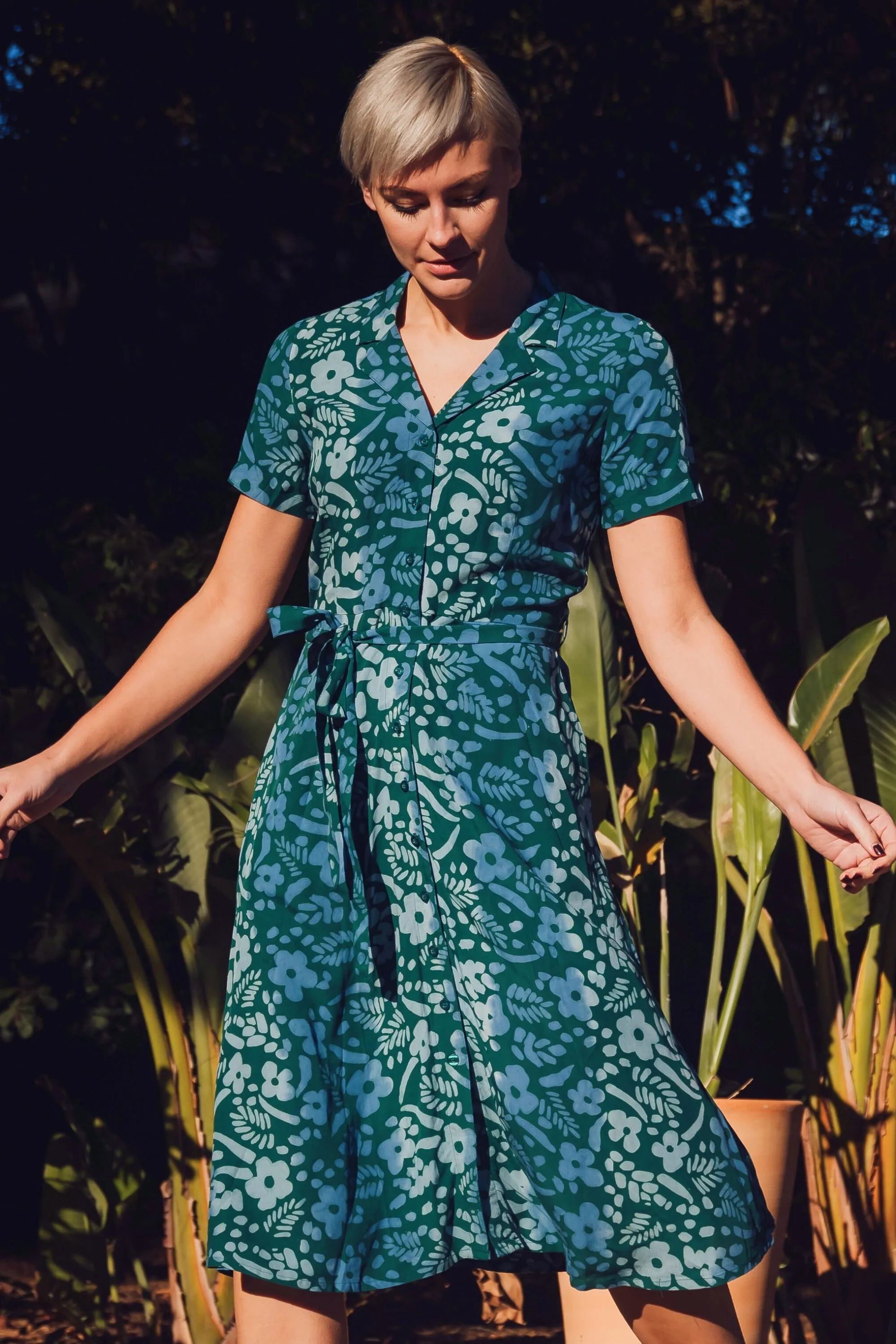 Fiona Batik Midi Shirt Dress - Teal Green. Painted Floral