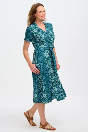 Fiona Batik Midi Shirt Dress - Teal Green. Painted Floral