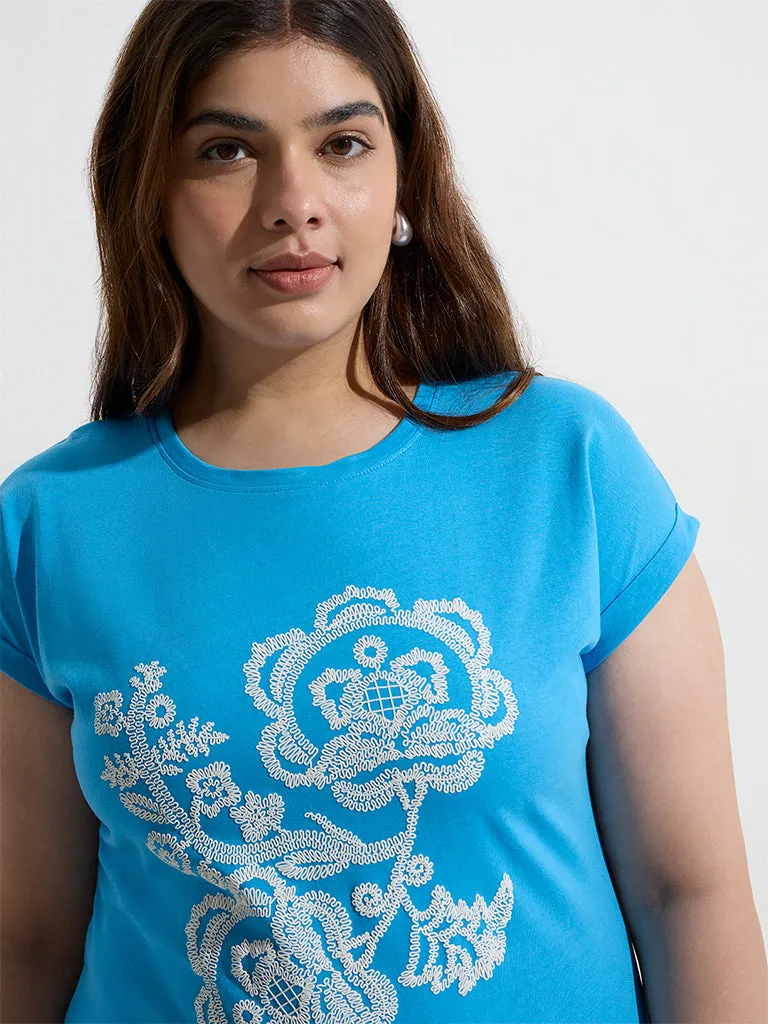 Gia Blue Floral Printed Cotton T-Shirt