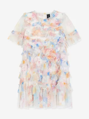 Girls Tulle Mariannes Floral Scallop Ruffle Dress in White