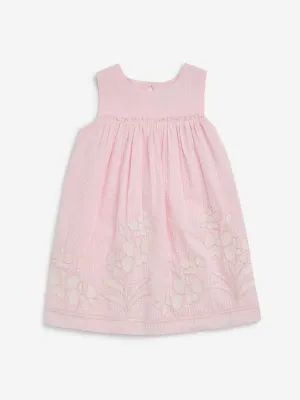 HOP Kids Pink Floral Embroidered A-Line Cotton Dress