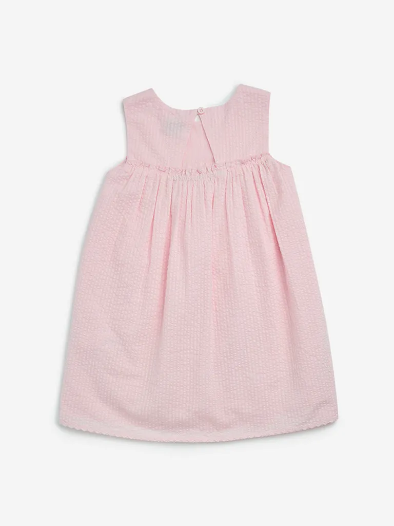 HOP Kids Pink Floral Embroidered A-Line Cotton Dress