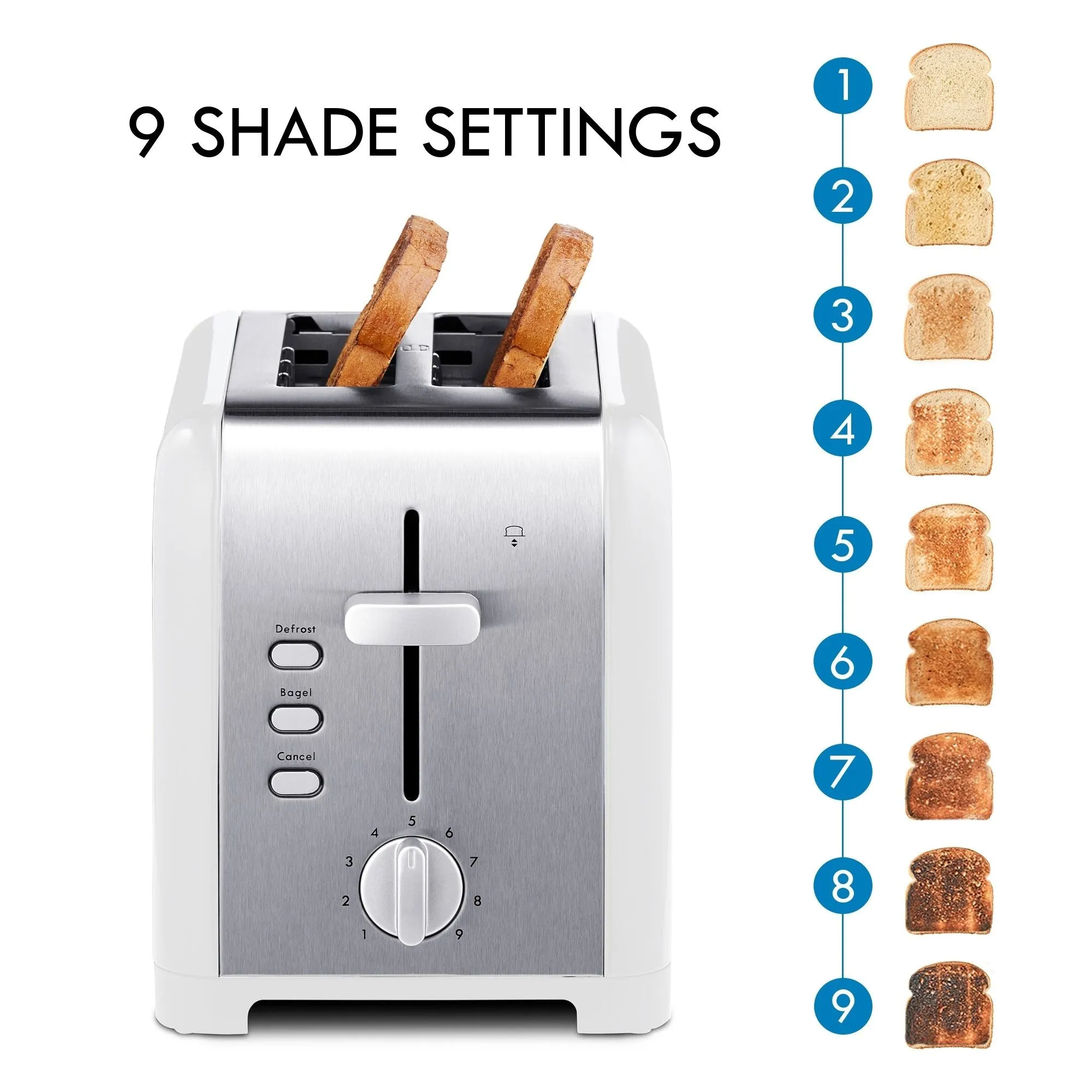 Kenmore 2-Slice Stainless Steel Toaster, White & Silver, Extra Wide Slots, Bagel & Defrost Functions, 9 Browning Levels, Removable Crumb Tray, For Bread, Toast, English Muffin, Toaster Strudel