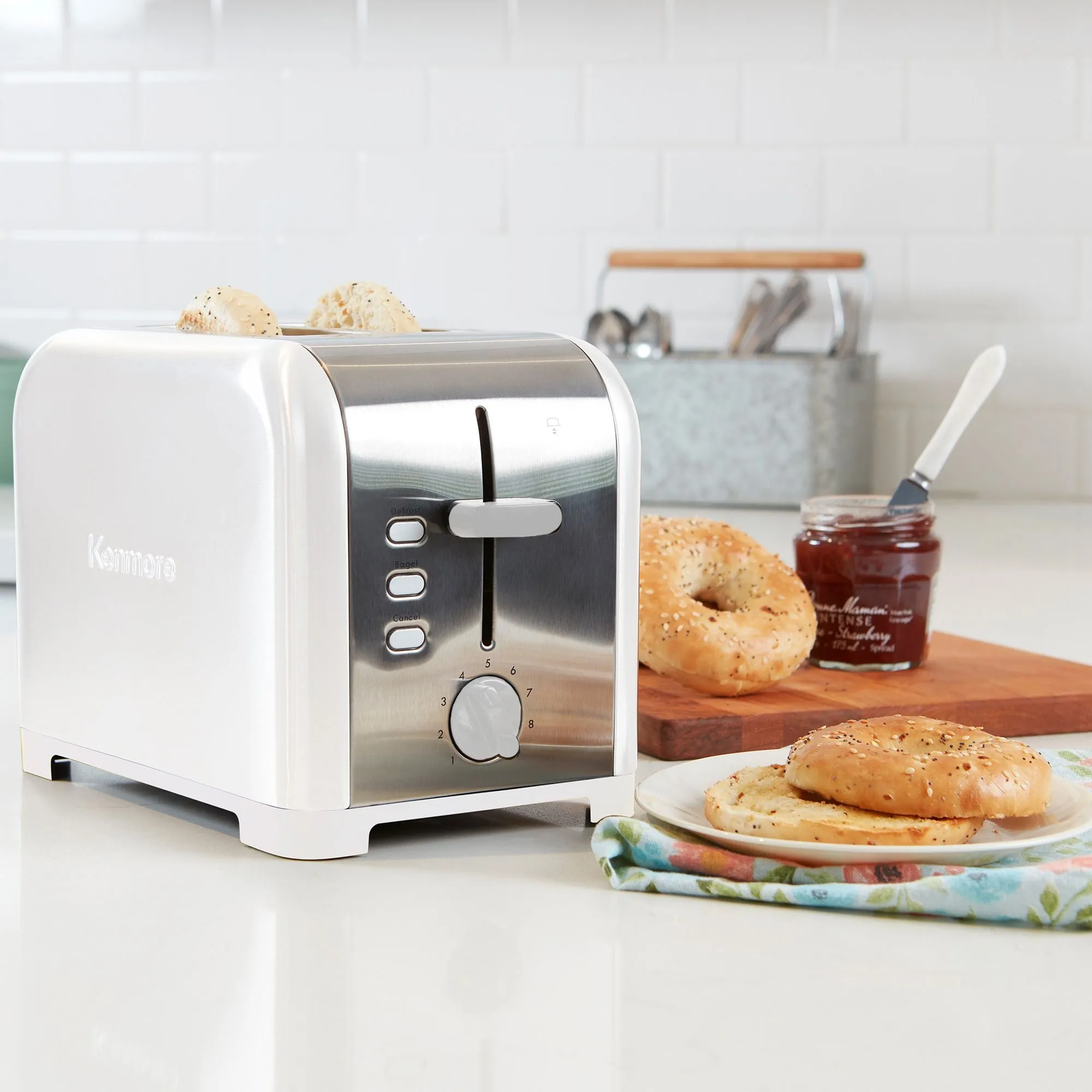 Kenmore 2-Slice Stainless Steel Toaster, White & Silver, Extra Wide Slots, Bagel & Defrost Functions, 9 Browning Levels, Removable Crumb Tray, For Bread, Toast, English Muffin, Toaster Strudel