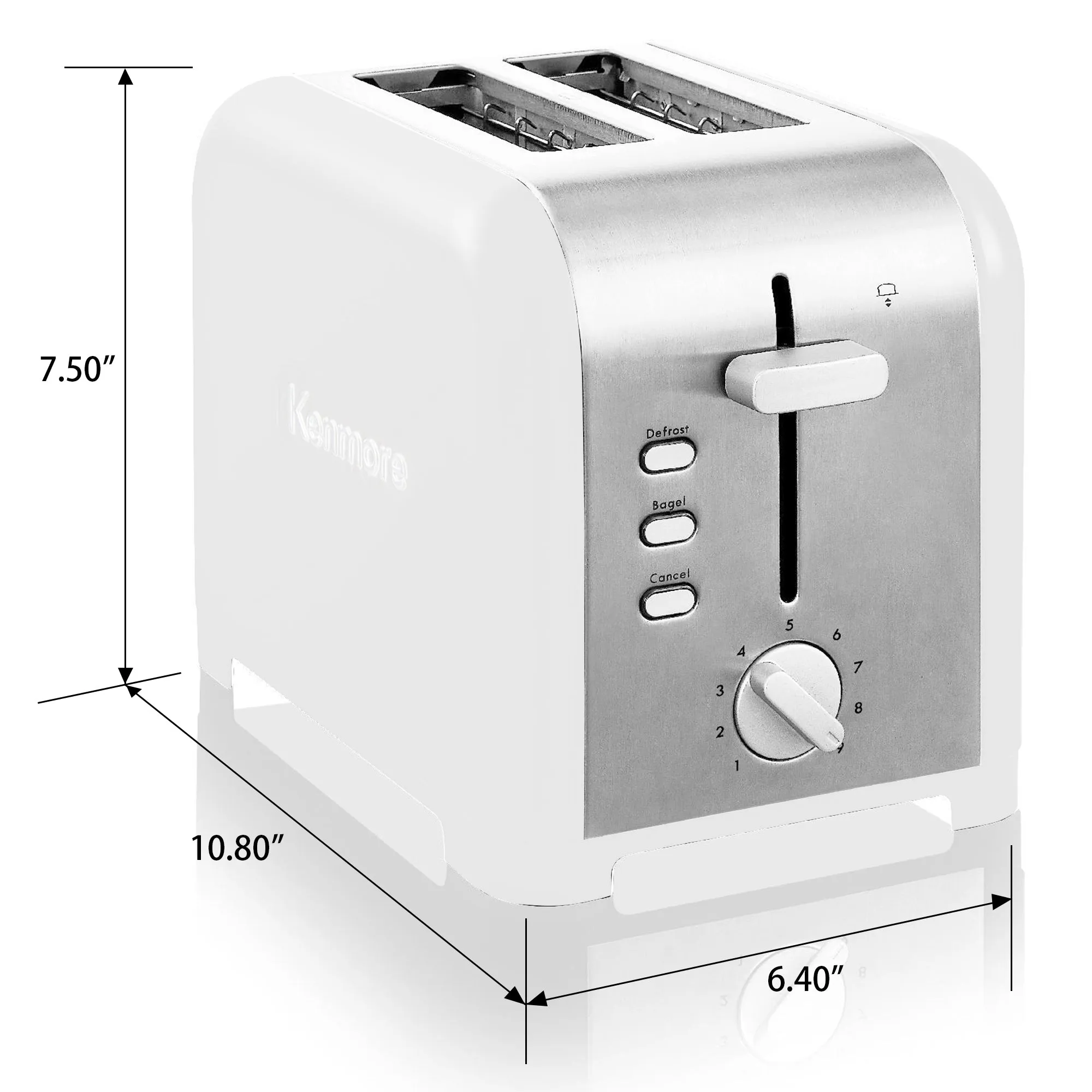Kenmore 2-Slice Stainless Steel Toaster, White & Silver, Extra Wide Slots, Bagel & Defrost Functions, 9 Browning Levels, Removable Crumb Tray, For Bread, Toast, English Muffin, Toaster Strudel