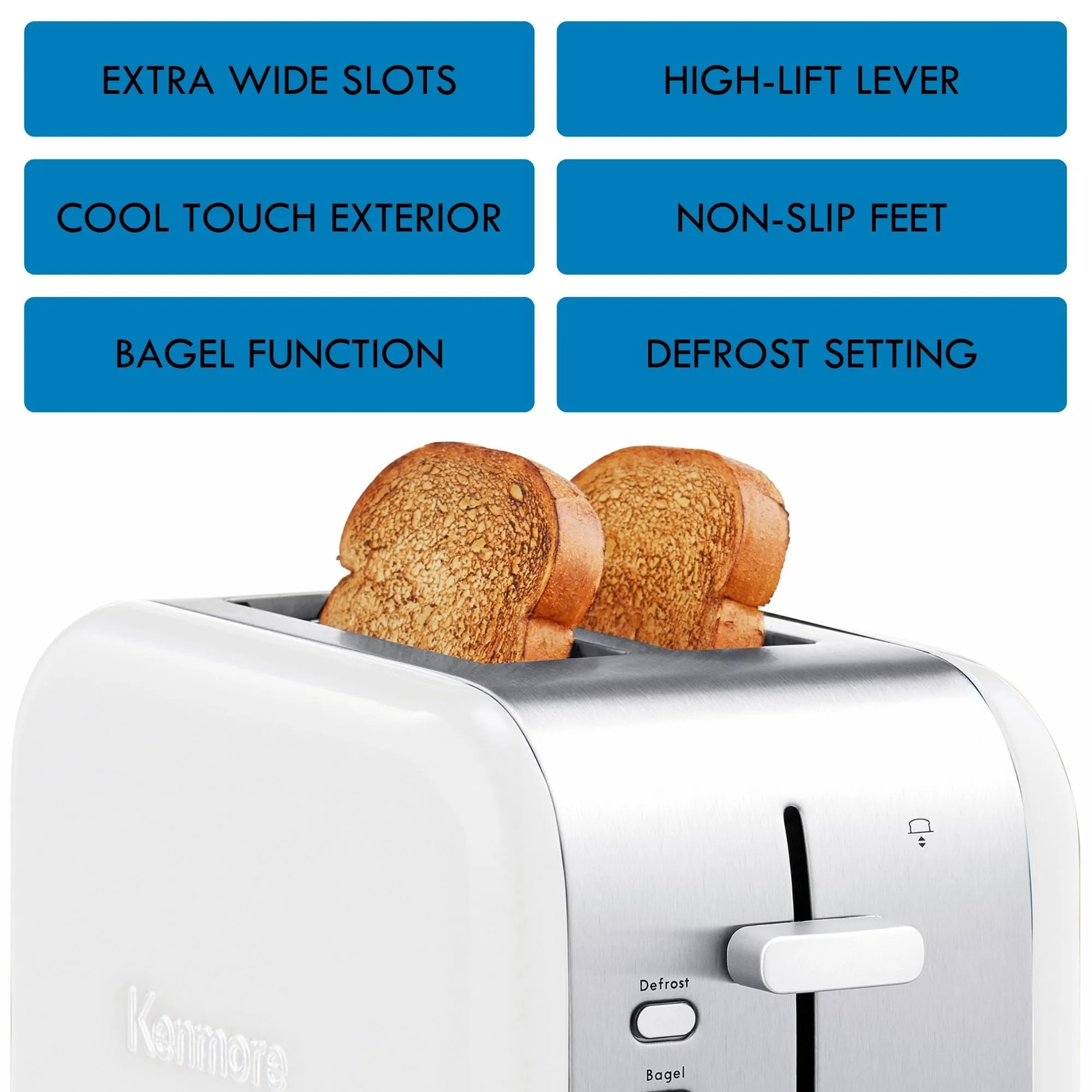 Kenmore 2-Slice Stainless Steel Toaster, White & Silver, Extra Wide Slots, Bagel & Defrost Functions, 9 Browning Levels, Removable Crumb Tray, For Bread, Toast, English Muffin, Toaster Strudel