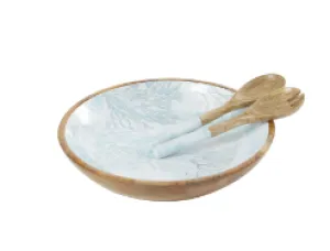 LIGHT BLUE MANGO WOOD HANDMADE DECORATIVE BOWL WITH MATCHING SALAD SERVING UTENSILS