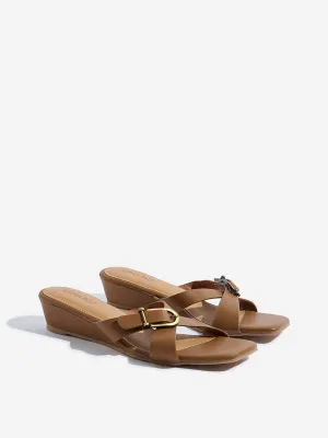 LUNA BLU Tan Criss-Cross Detailed Wedge  Heel Sandals