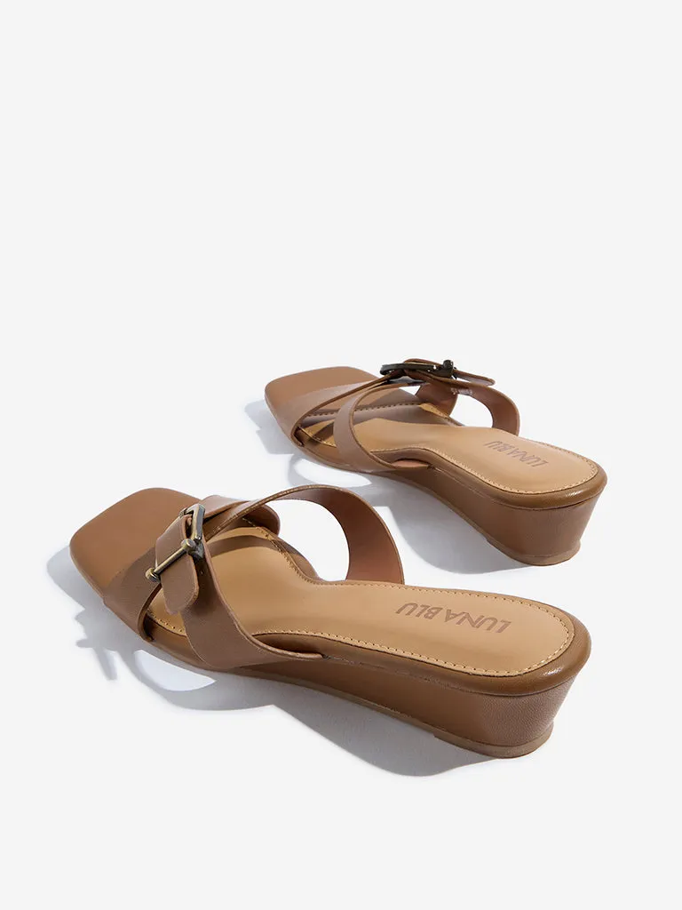 LUNA BLU Tan Criss-Cross Detailed Wedge  Heel Sandals