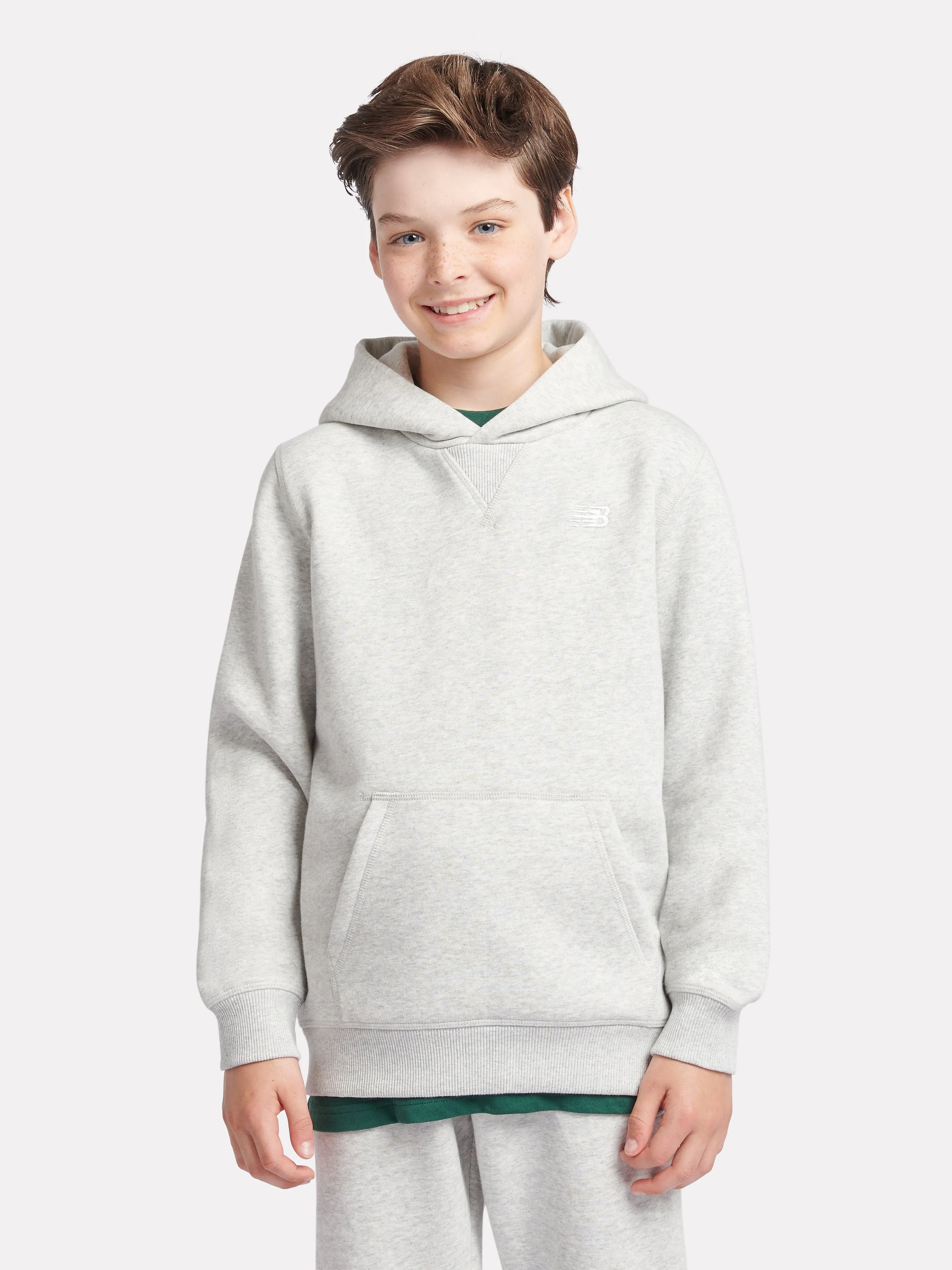 New Balance Boys French Terry Small Logo Hoodie in Grey