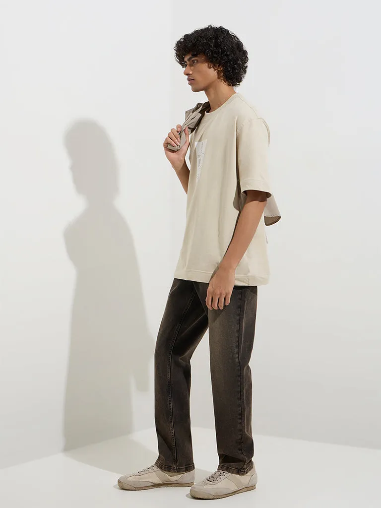 Nuon Beige Printed Relaxed-Fit Cotton T-Shirt