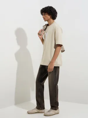 Nuon Beige Printed Relaxed-Fit Cotton T-Shirt