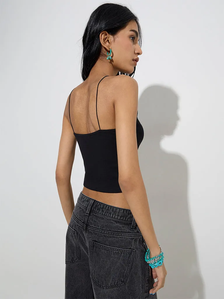Nuon Black Ribbed-Textured Cotton-Blend Top