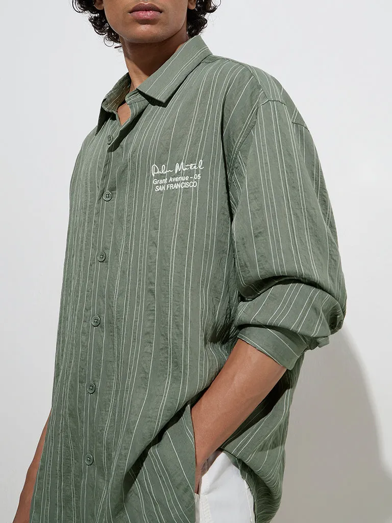 Nuon Olive Stripe Printed Relaxed-Fit Shirt