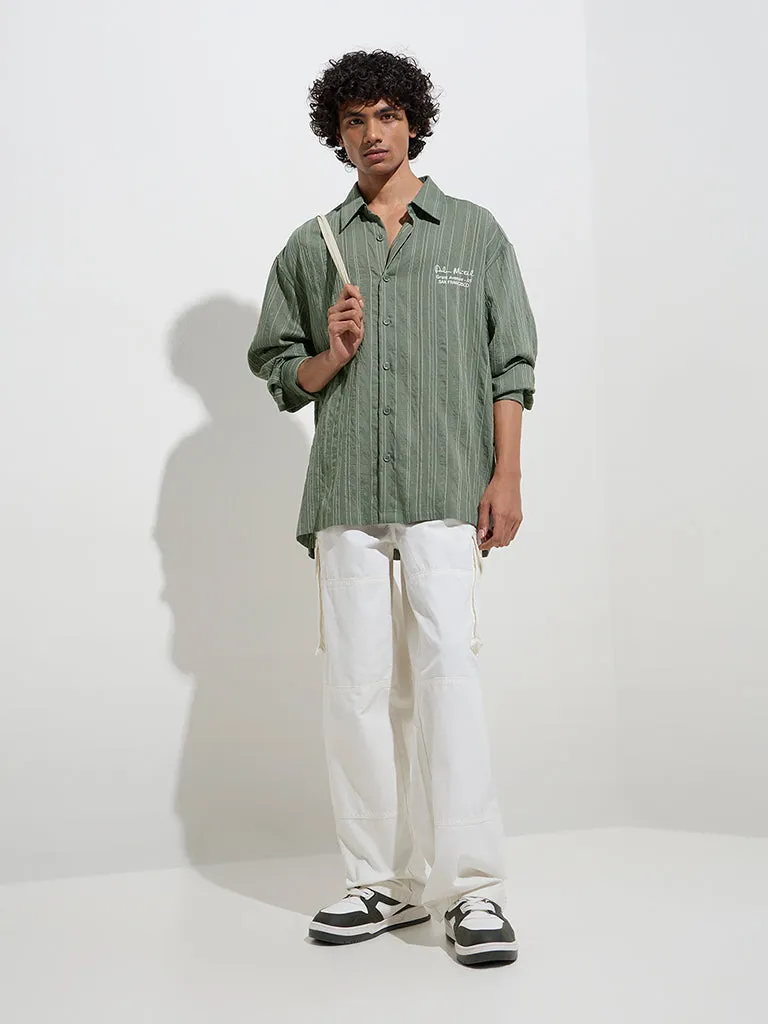 Nuon Olive Stripe Printed Relaxed-Fit Shirt