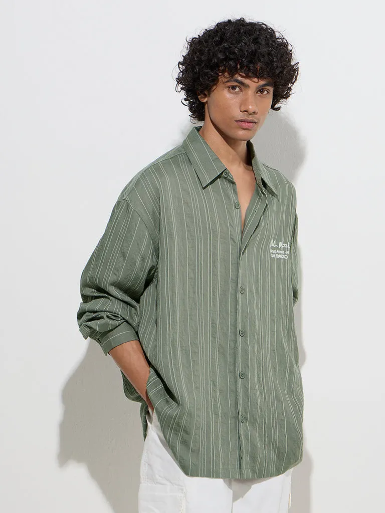 Nuon Olive Stripe Printed Relaxed-Fit Shirt