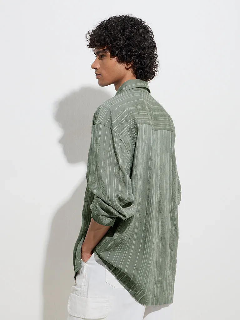 Nuon Olive Stripe Printed Relaxed-Fit Shirt
