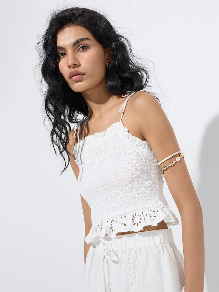 Nuon White Smocked Cotton Top
