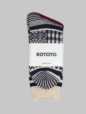 ROTOTO Multi Jacquard Crew Socks Ivory/Navy