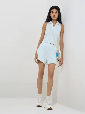 Studiofit Blue Textured High-Rise Cotton-Blend Shorts
