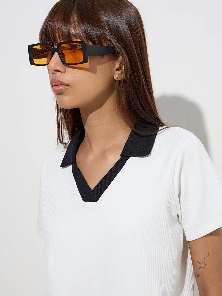 Studiofit White Ribbed-Textured Polo T-Shirt