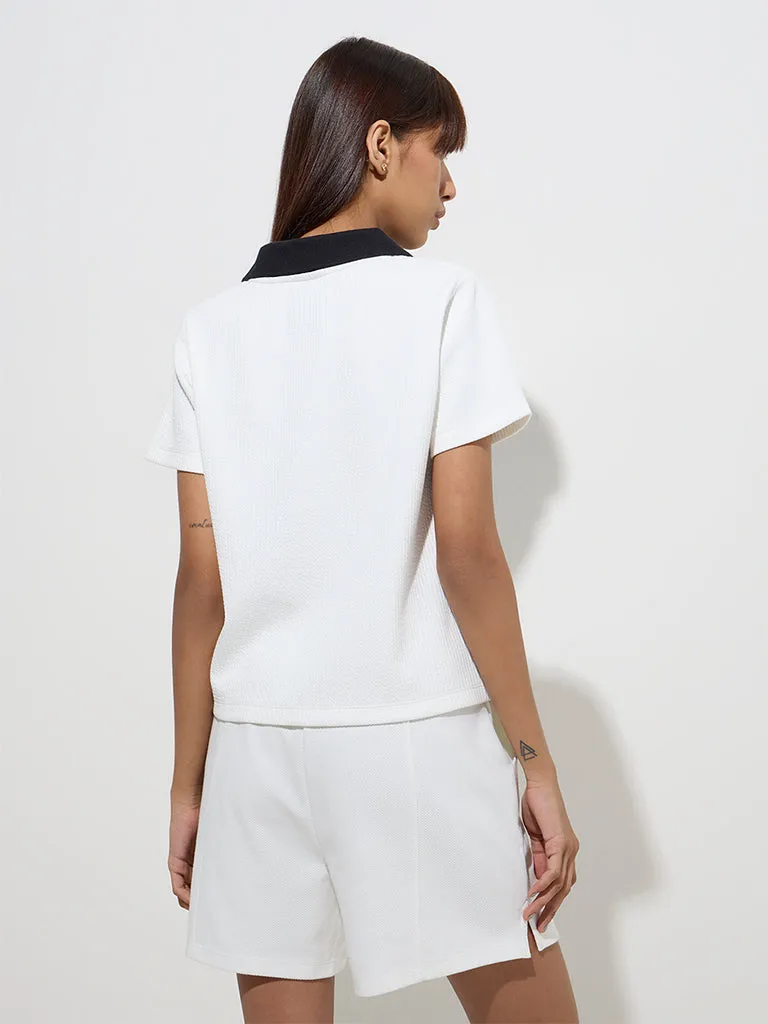 Studiofit White Ribbed-Textured Polo T-Shirt