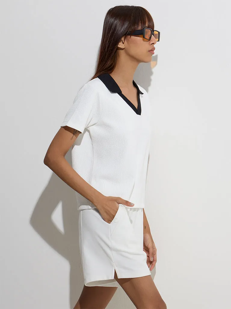 Studiofit White Ribbed-Textured Polo T-Shirt