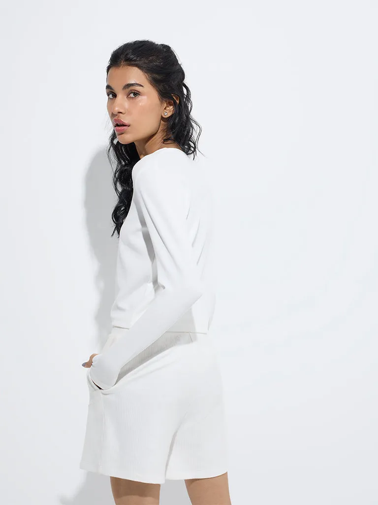 Studiofit White Ribbed-Textured T-Shirt