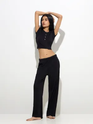 Superstar Black Ribbed-Textured High-Rise Cotton Pants