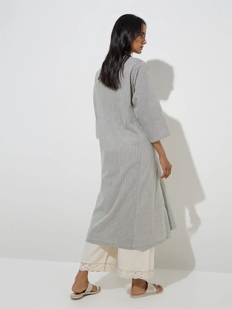 Utsa Black Stripe Patterned Cotton A-Line Kurta