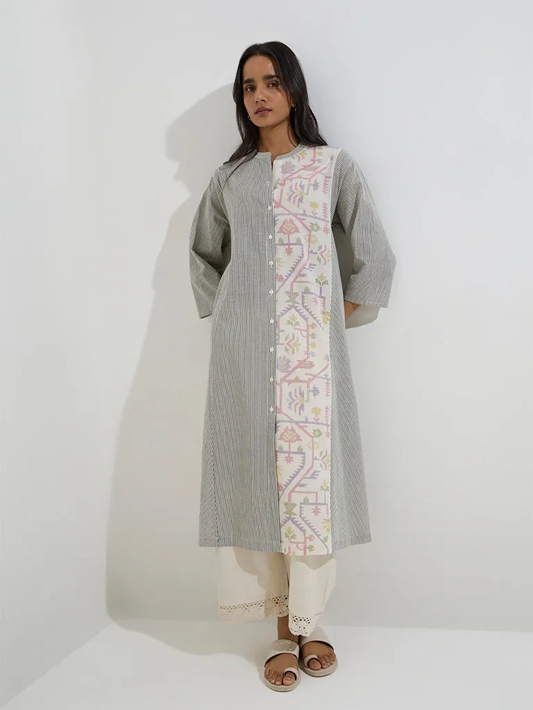 Utsa Black Stripe Patterned Cotton A-Line Kurta