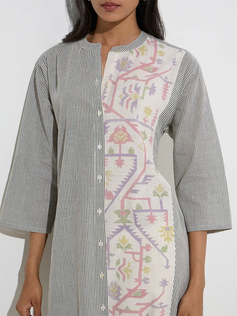 Utsa Black Stripe Patterned Cotton A-Line Kurta