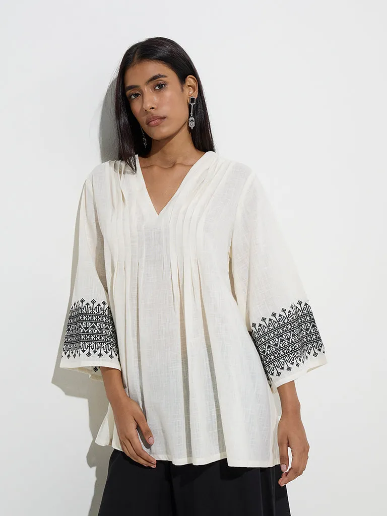 Utsa Off-White Embroidered Cotton Kurti