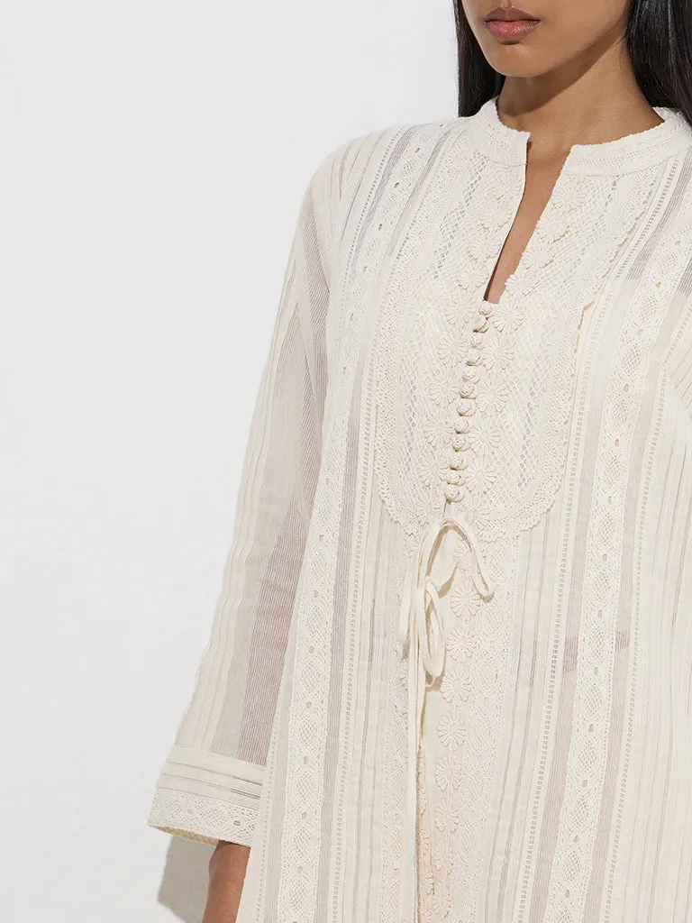 Vark Beige Floral Cotton-Blend Top. Jacket and Palazzos Set