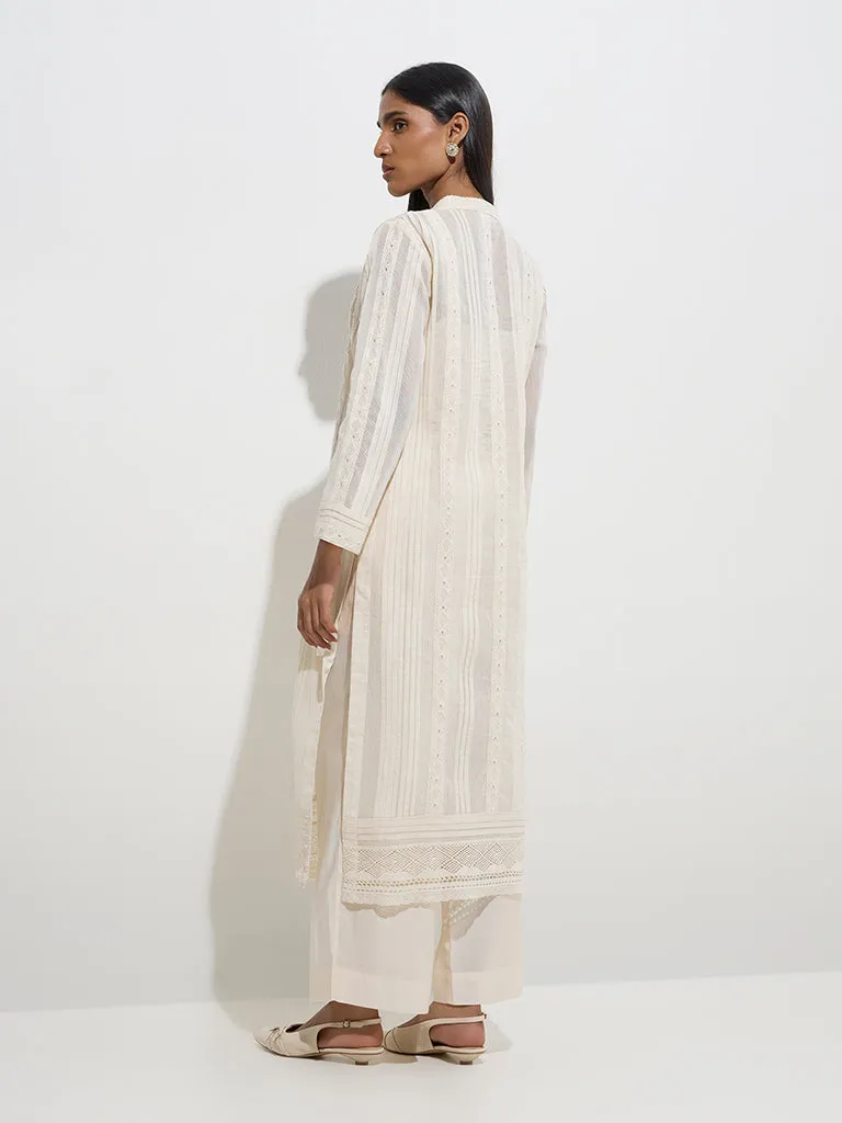 Vark Beige Floral Cotton-Blend Top. Jacket and Palazzos Set