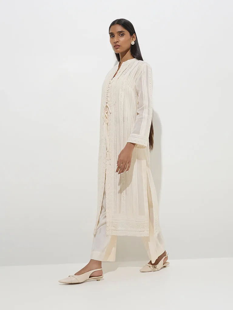 Vark Beige Floral Cotton-Blend Top. Jacket and Palazzos Set