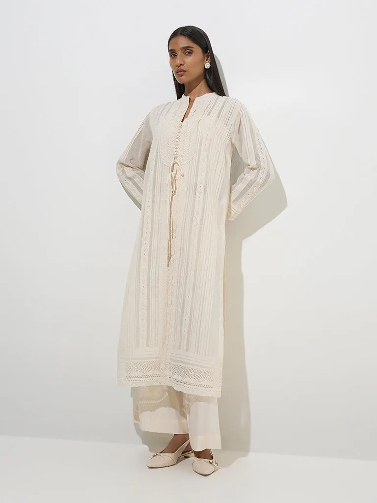 Vark Beige Floral Cotton-Blend Top. Jacket and Palazzos Set