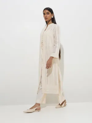 Vark Beige Floral Cotton-Blend Top. Jacket and Palazzos Set