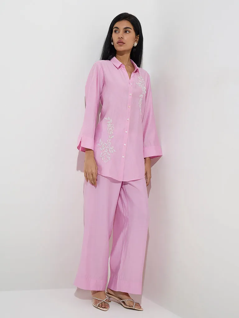 Vark Light Pink Floral Embellished Tunic with Pants Set