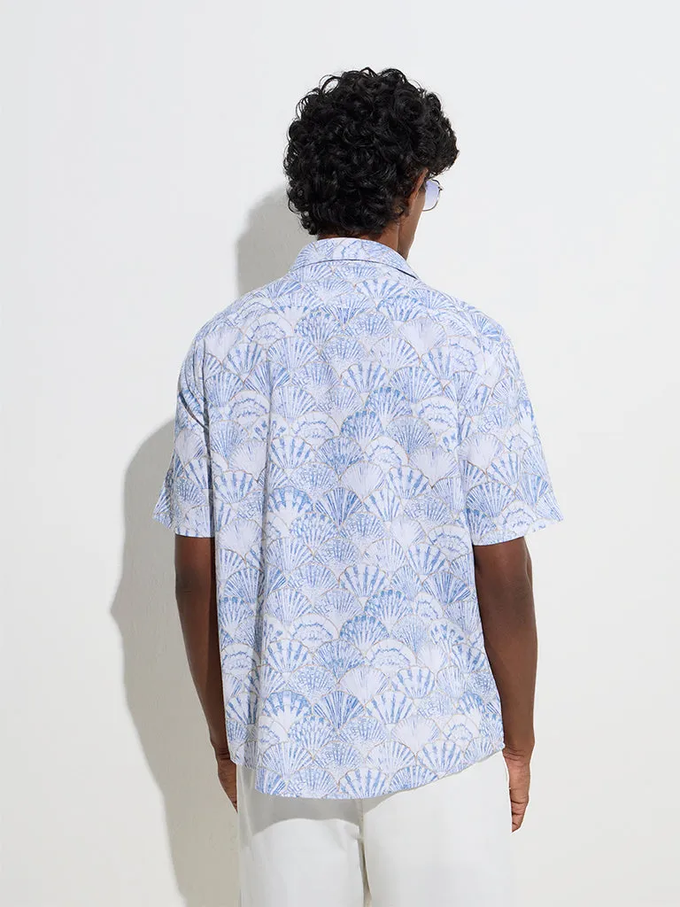 WES Casuals Blue Shell Pattern Relaxed-Fit Cotton Shirt