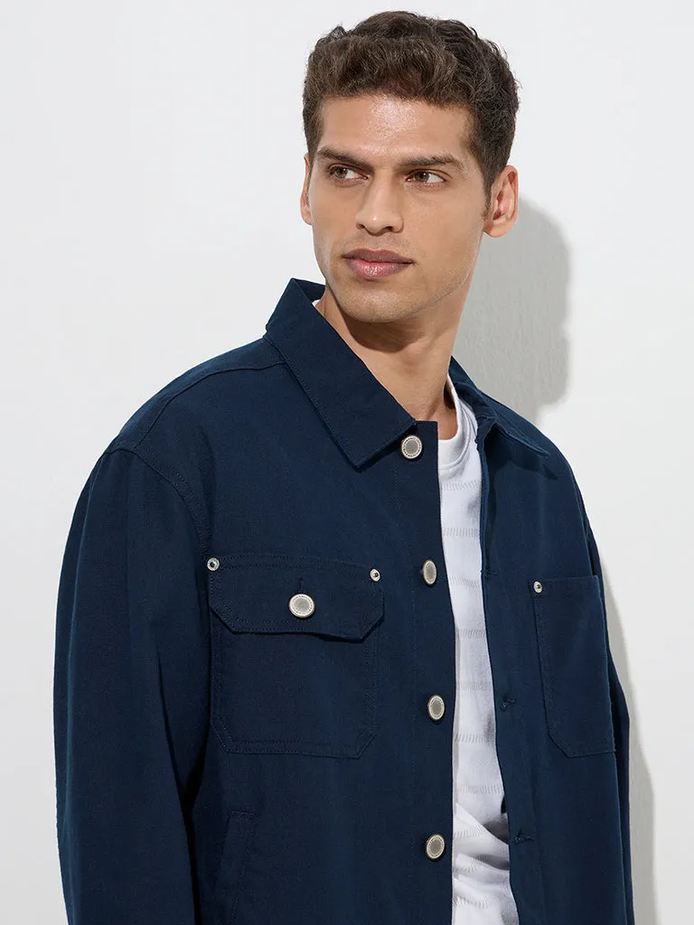 WES Casuals Navy Solid Relaxed-Fit Cotton Jacket